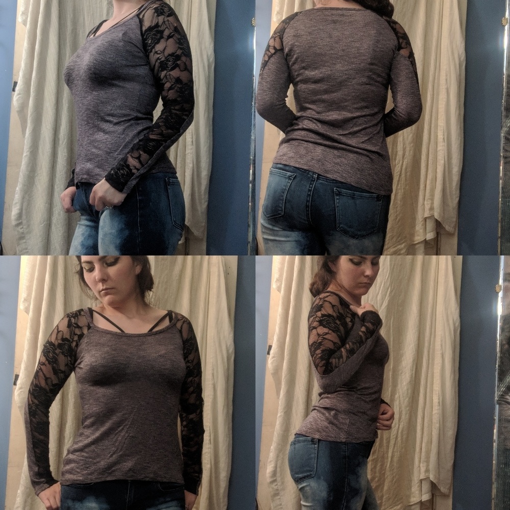 NWOT. Purple shirt w/ fabric & see-through sleeves